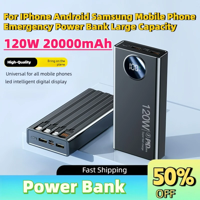 New Portable 120W 20000mAh Fast‑charging Power Bank for IPhone Android Samsung Mobile Phone Emergency Power Bank Large Capacity