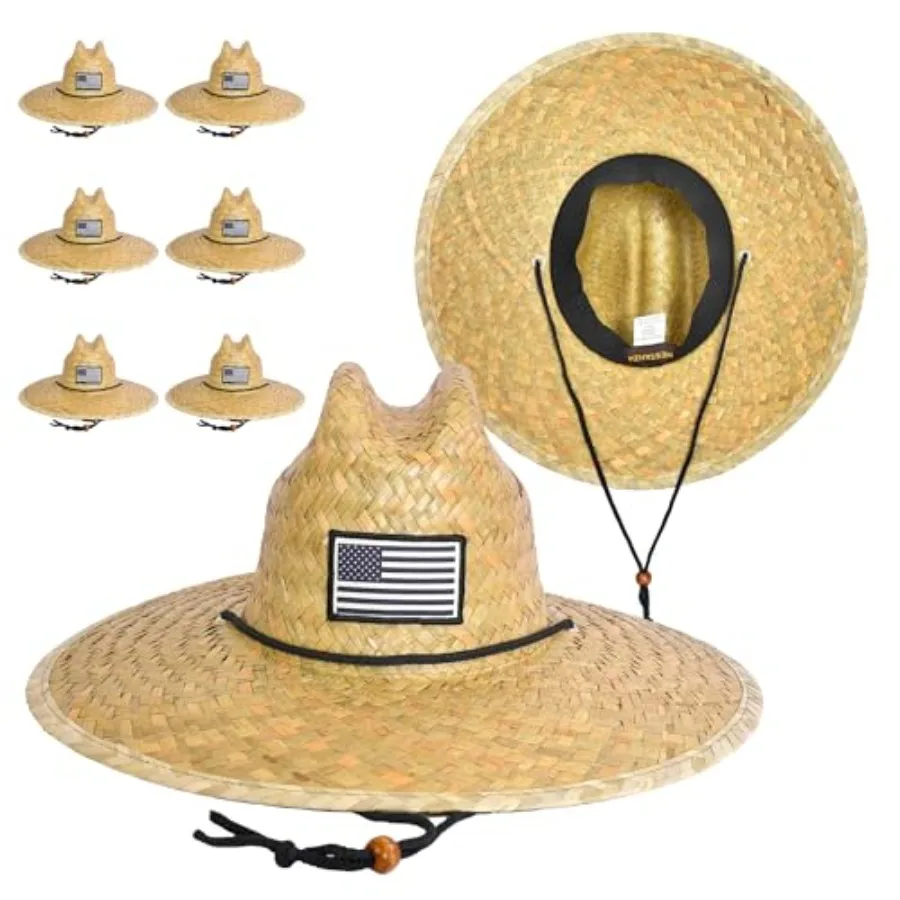 

6 Pack Straw Hats Bulk Wide Brim Lifeguard Sun Hats for Men Women with Adjustable Chin Strap, natural straw, beige, UV protecti