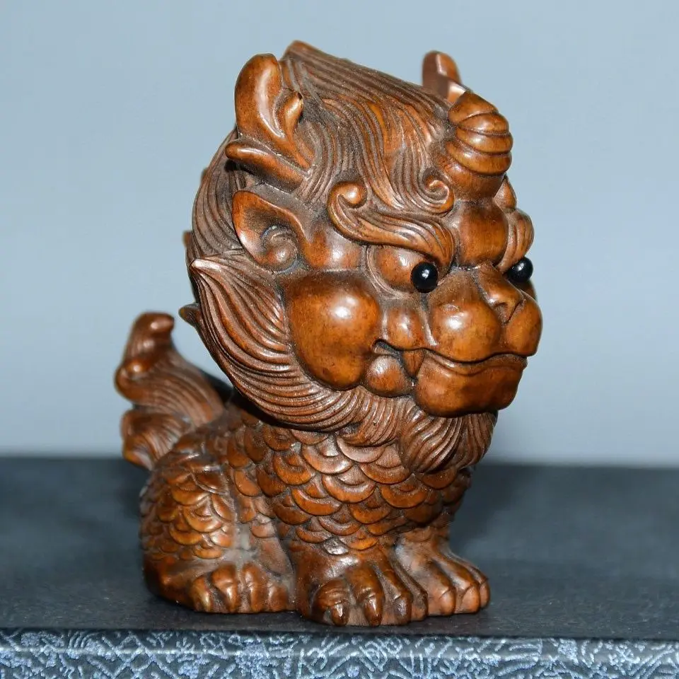 Hand Carved Wood dragon kylin Statue Figurine Desktop Ornaments Home Decoration Crafts Tea Pet Decor
