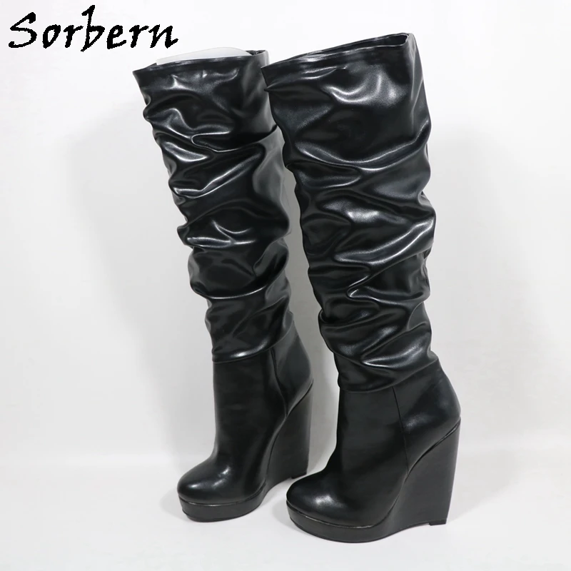 Sorbern Unisex Knee High Boots Women Wrinkle Visible Platform Wedges High Heels Shaft Height Narrow Heel Back Custom Leg Size