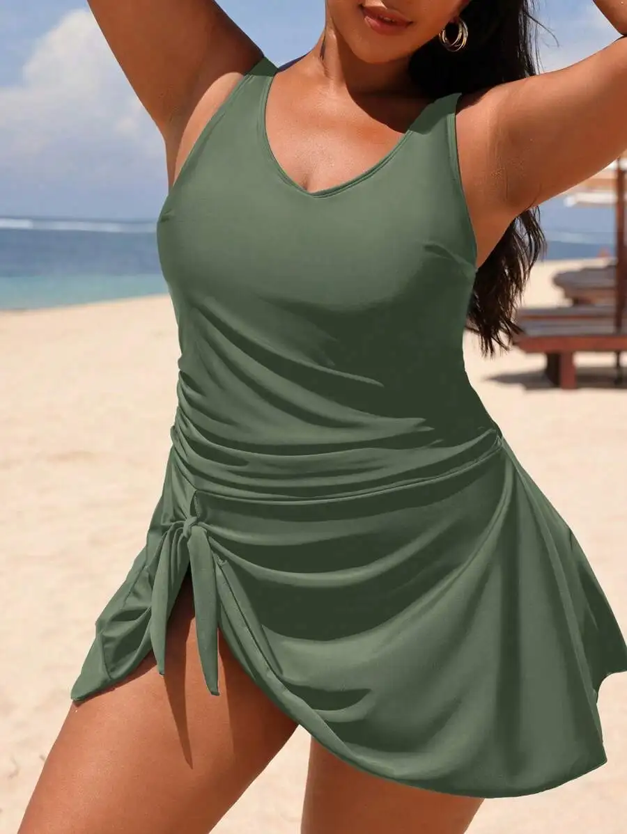 

Olive Green Plus Size Ruched One-Piece Swimsuit With Side Knot Detail For Summer Beach