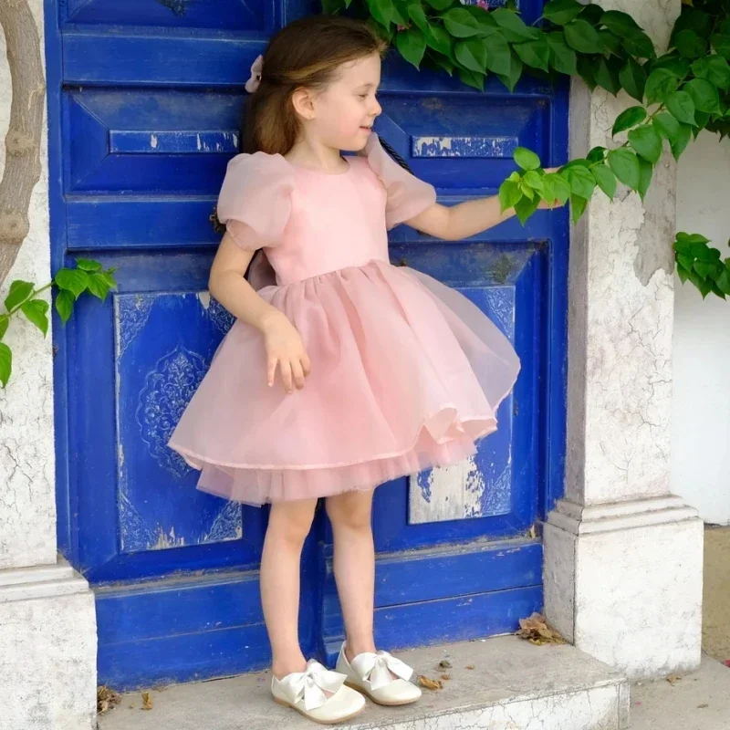 Blumenmädchenkleider Rosa Satin Tüll Puffy mit Schleife Kurzarm für Hochzeit Geburtstag Heilige Kommunion Bankett Prinzessin Kleider