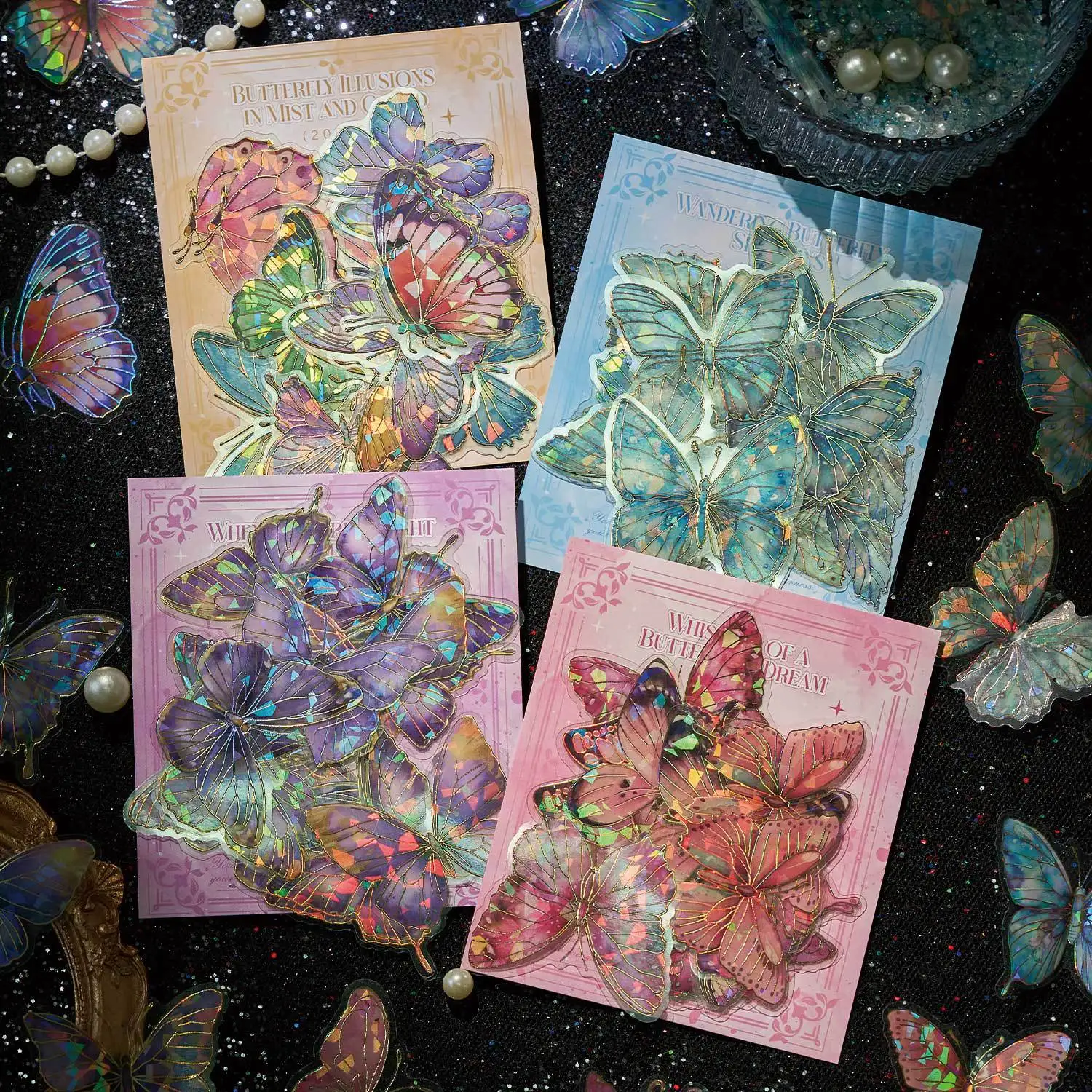 JCAC 4-Design Assortment Large-Quantity PET Sticker Pack,Butterfly 3D Laser Decorative Stickers for Journals and Guka Cards