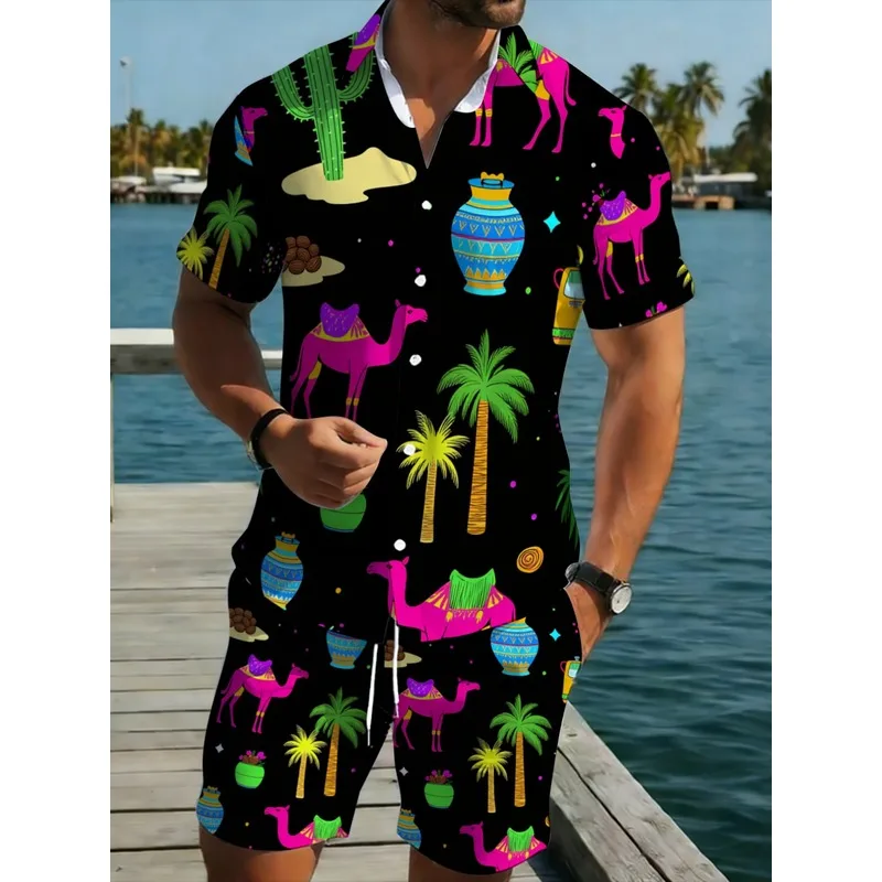 Conjunto de Camisa y Pantalones Cortos de Poliéster para Hombre, Estampado de Palmeras Color Camel, Ligero, Duradero, para Playa, Fiesta, Casual