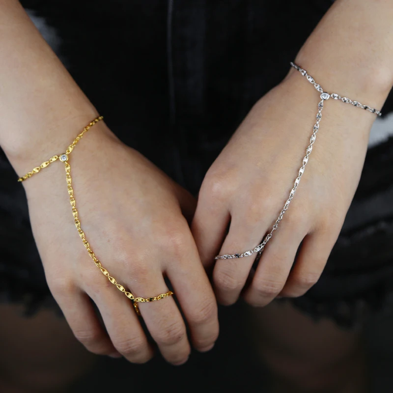 Wholesale Fashion Women Jewelry Star Engraved Chain Bezel Set Round CZ Hand Chain Bracelet