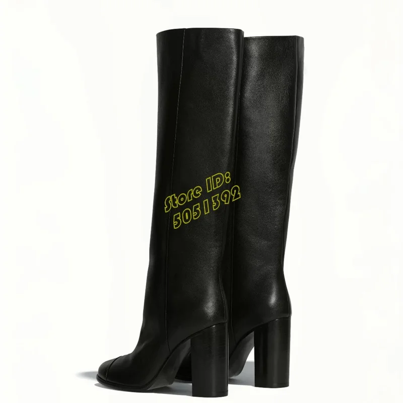 Image 5: Bottes hautes en cuir noir mat pour femmes, chaussures à talons hauts et bout rond, à enfiler, collection hiver et automne 2025, 2025