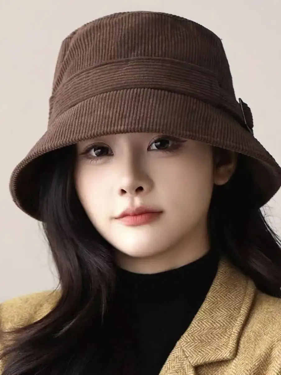 autumn-winter-corduroy-beret-hat-women's-buckle-wide-brim-fishing-cap-stylish-face-slimming-warmth-foldable-polyester-fiber