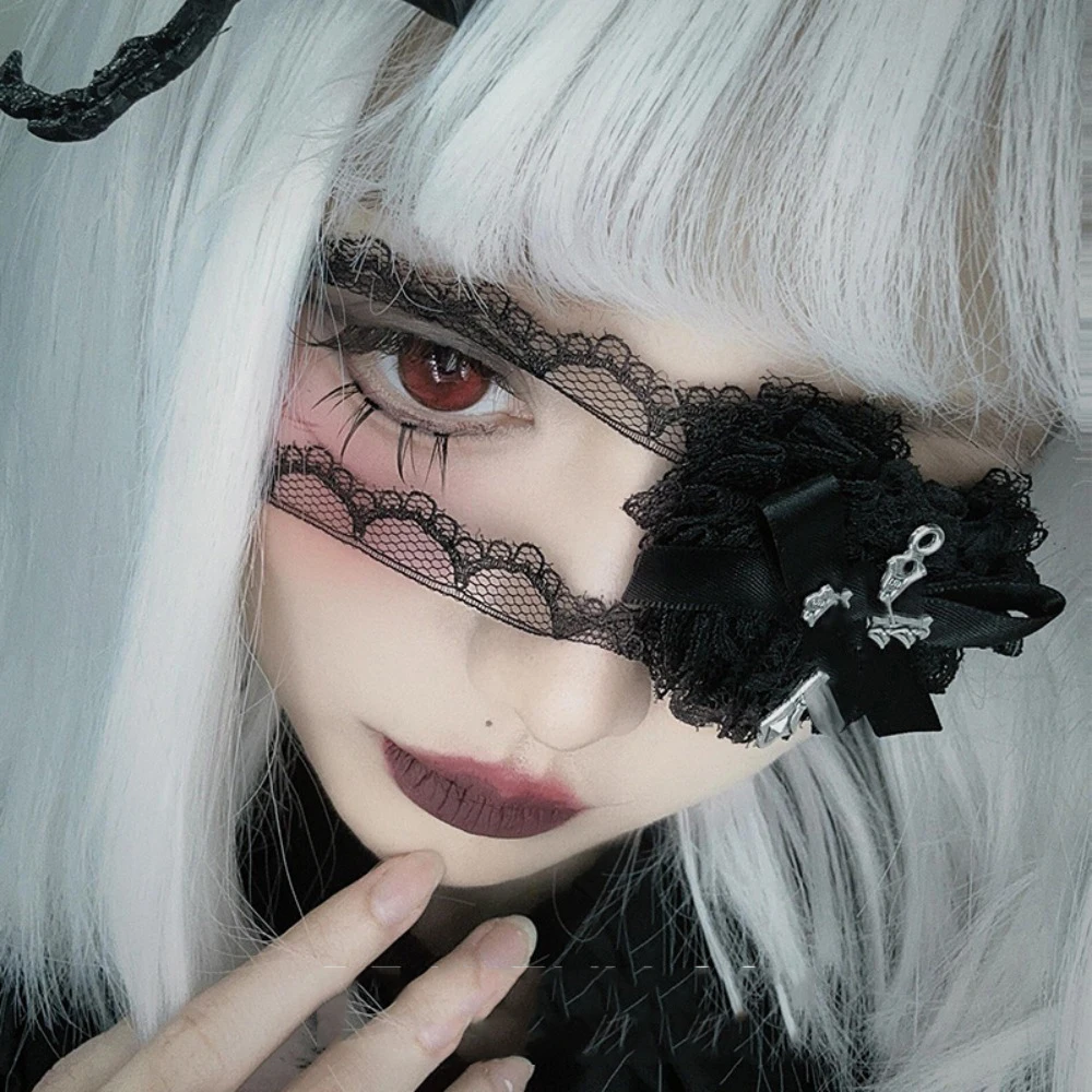 1pc Gothic Lace Bow Eye Patch Cross Accents Nun Lolita Vibe Perfect for Halloween Masquerade Parties Cosplay Styles