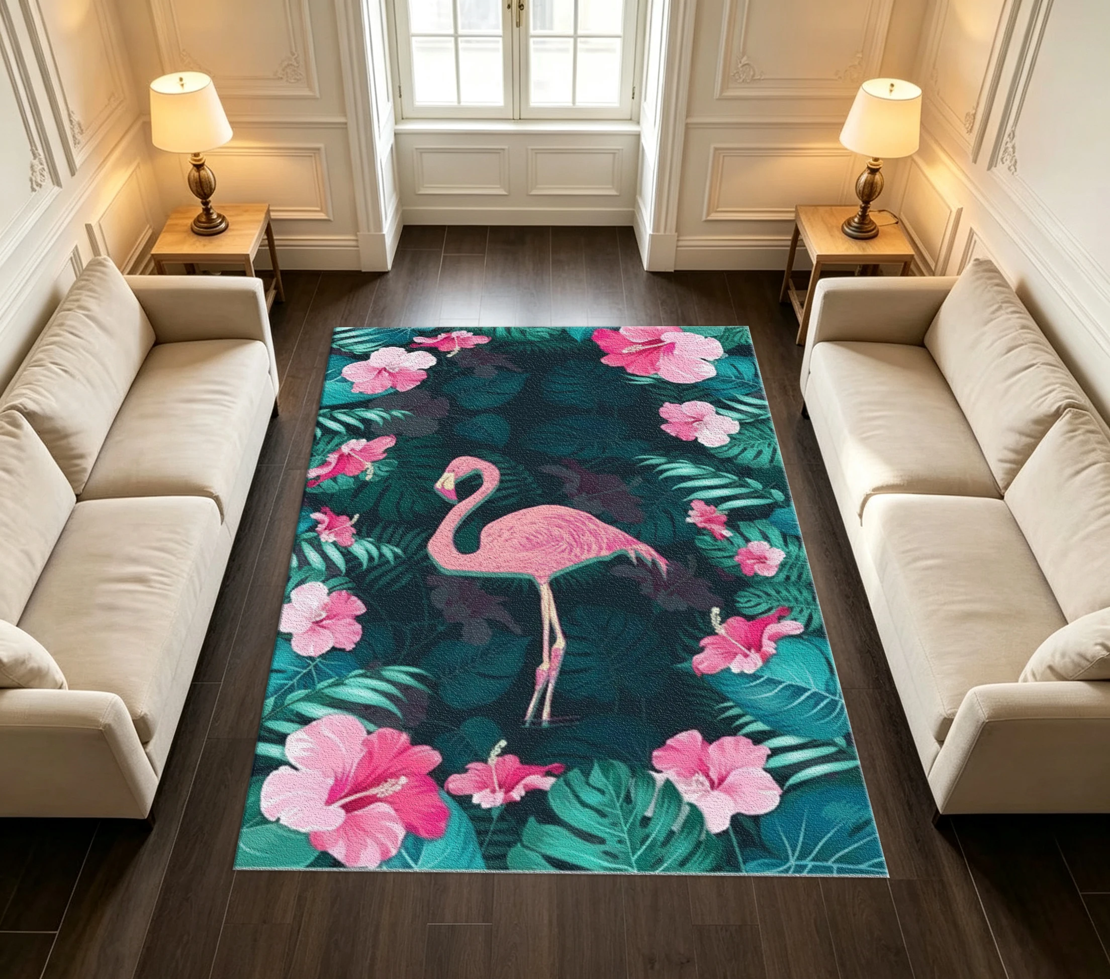 Tropical Pink Flamingo Hibiscus Monstera Leaf Jungle Style Home Area Rug