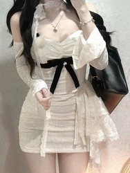 French Lace Sexy One Piece Dress Women Autumn Long Sleeve Evening Party Mini Dress Y2k Korean Fashion Design Sweet Clothing 2024