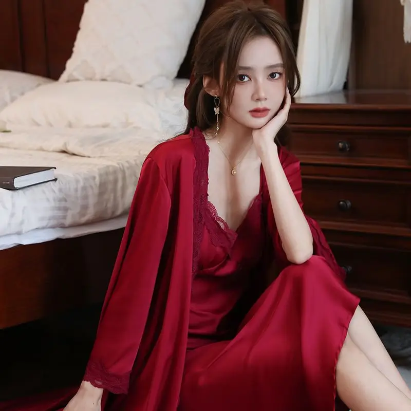 Francês Tribunal Estilo Longo pijama V-neck Lace Nightdress Vermelho Pijamas Retro Lace Camisola Nighty para Senhoras Bridal Dressing Gown