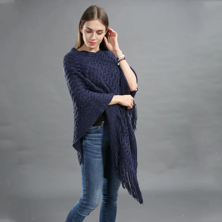 Spring Autumn Women Loose Versatile Solid Knitwear Pullover Fashion Street Poncho Lady Capes Navy Cloaks p6