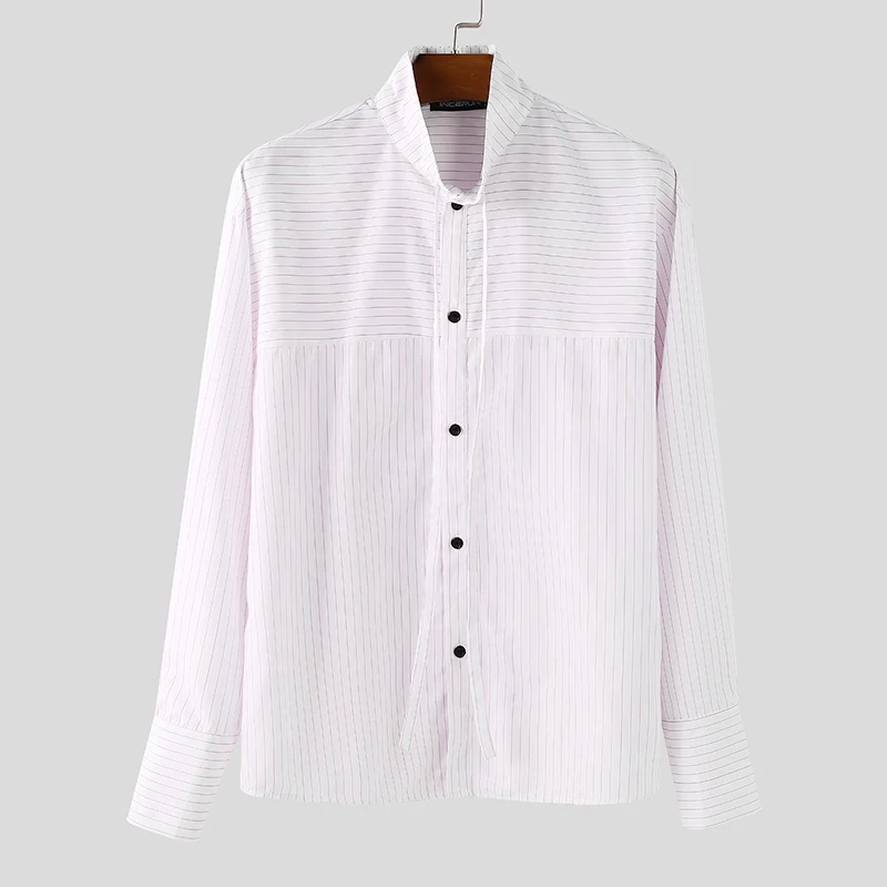 INCERUN الرجال قميص مخطط الوقوف طوق كم طويل فضفاض قمصان الذكور عادية الشارع الشهير ربيع الخريف بلايز موضة الرجال الملابس #5