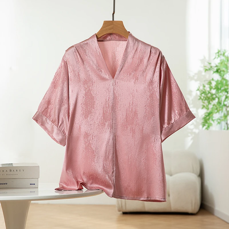 

93% Mulberry Silk 7% Spandex Women Shirt V-neck Short Sleeve Rubber Pink Color Summber Top T-Shirt Blouse QQ042