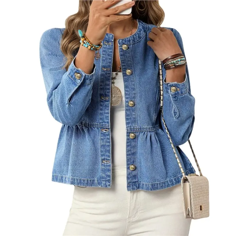 ABBY-Giacche in denim peplo da donna, senza colletto, girocollo, abbottonate, con orlo corto e volant