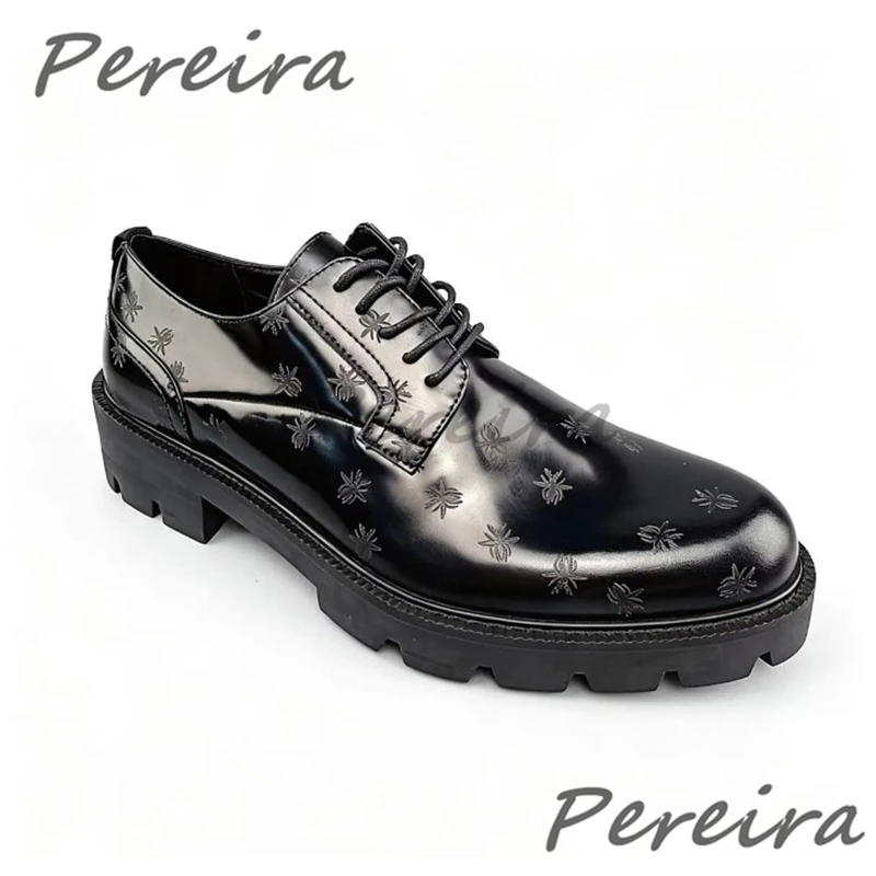 Men's Thick Soled Pointed Toe Cowhide Shoes Spider Print Height Increasing Lace-Up Derby Shoes Banquet Wedding Formal Shoes