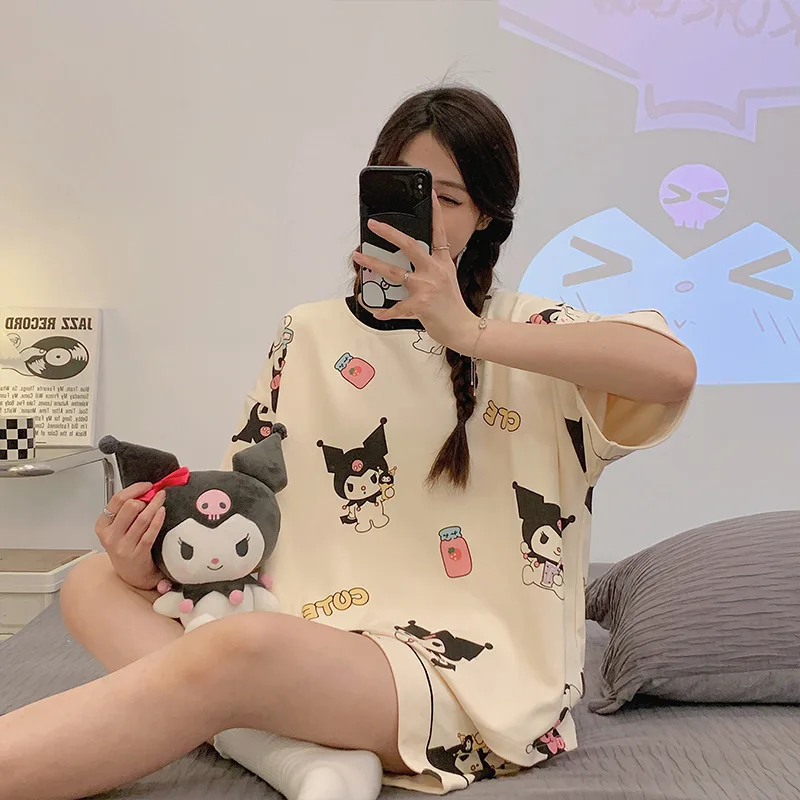 Sanrio Short Kuromi Sleeve Nightwear Pajama Set Women Print Sleepwear Round Neck Short Sleeved Top Loungewear Homewear Gift