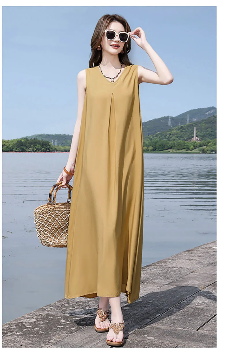Women's Cotton Silk Dress  Sleeveless V-neck Long Dress Simple and Elegant Beach Casual Homewear Sleeping Dress Summer