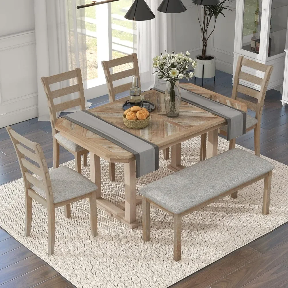 

6-piece Rubber Wood Dining Table Set, Equipped with 4 Cushioned Chairs and Benches, Beautiful Wood Grain Tabletop