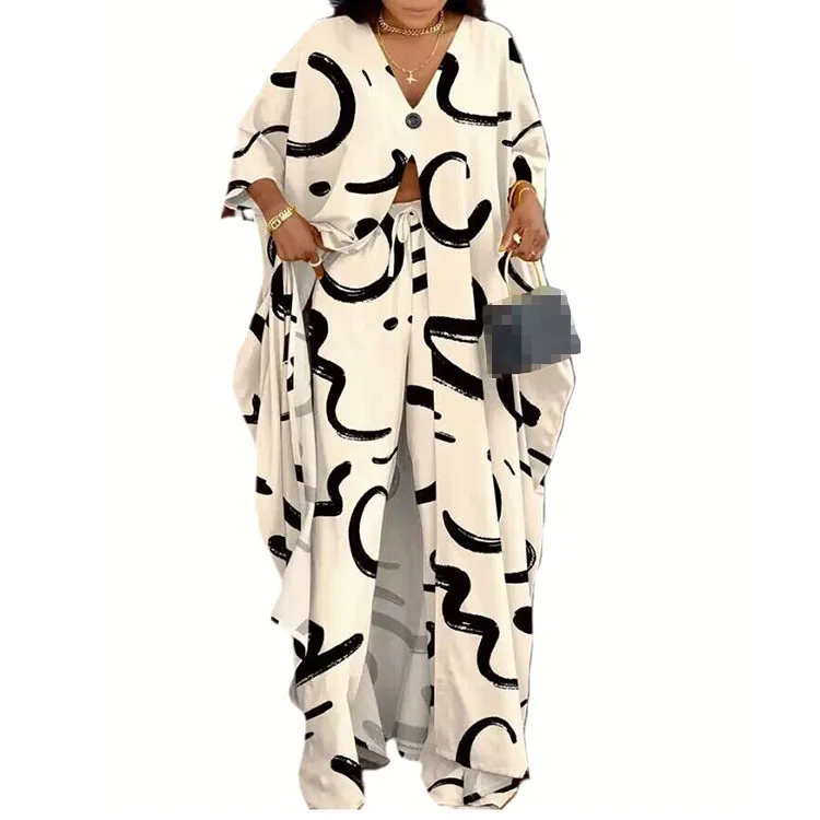 Women\'s Autumn New Loose Plus Size Two-piece Set Sexy V-neck Button Print Seven Quarter Sleeve Top Drawstring Pants For Women