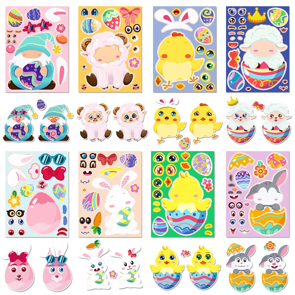 

8/16Sheets DIY Easter Puzzle Stickers Cute Animals Face Make Your Own Easter Egg Rabbit Assemble Jigsaw Kid Educational Toy Gift