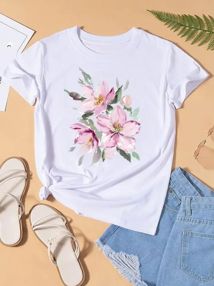 Graphic T-shirt Flower Watercolor Cute Women Top Lady Female Shirt Tee Short Sleeve Print Fashion O-neck Clothing Clothes