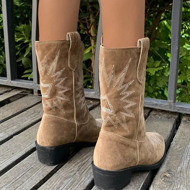 New Embroidery Boots Autumn Faux Leather Cowboy Black Boots for Women Wedge High Heel Boots Snake Print Western Cowgirl Boots
