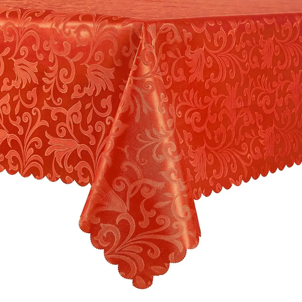 

Wave Scroll Damask Jacquard Rec Orange Tablecloth 52""X70""，Wipeable Table Cover For Dining Table, Buffet Parties And