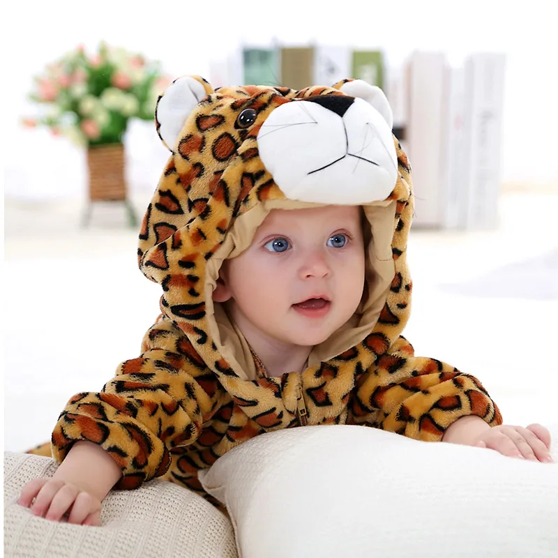 Baby Boys Hooded Pyjamas Cute Tiger Lion and Leopard Soft Warm Flannel Zipper Jumpsuit Romper Winter New Year  Animal Costumes