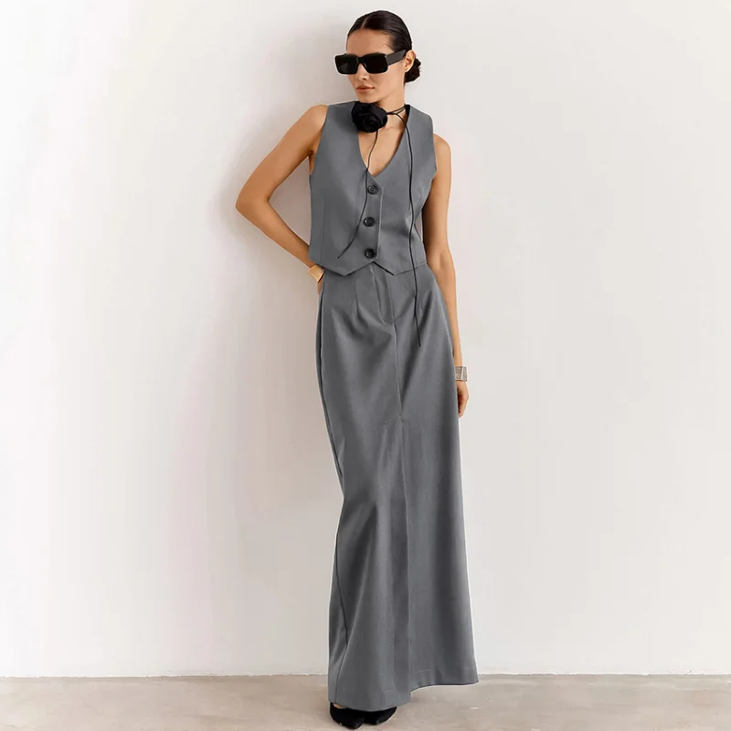 2024 Spring Gray Skirt Suit Feminine Workplace Vest Long Slit Skorts Two-piece French Women's Clothing Dress Sets Lady Matching