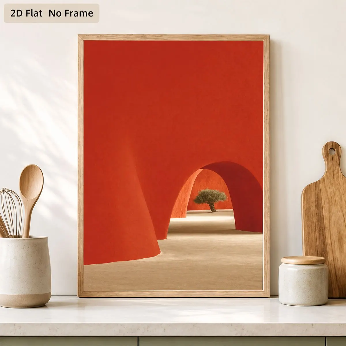 2D Flat, 1pc Modern Minimalist Vertical Frameless Canvas - Red Archway & Lonely Tree Wall Art, Suitable for Bedroom, Living R
