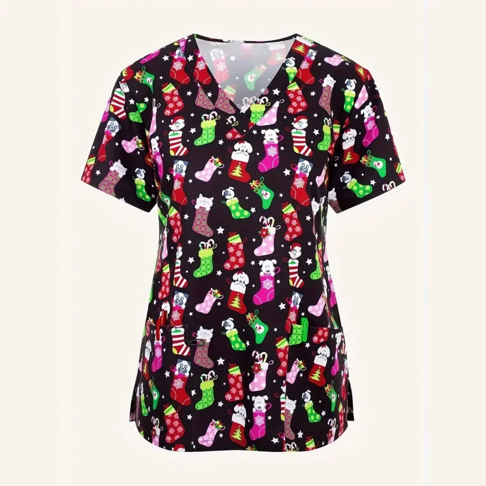 Kerst Verpleegster Uniform Vrouw Sneeuwpop Print Micro-elastische Tandheelkundige Verpleegster Tops Mode V-hals Korte Mouwen Medische Uniformen voor Dames