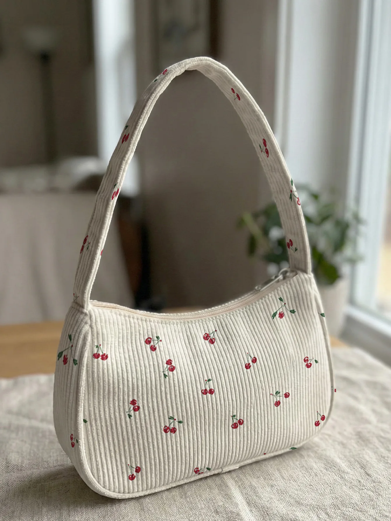 Trendy Cherry Print Shoulder Bag, Beige Corduroy Underarm Bag for Daily Casual Use
