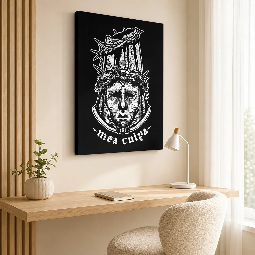 Mea Culpa Thorn Crowned Head Canvas Poster Customized Photo Black And White Ink Drawing Wall Art For Home Entertainment Room