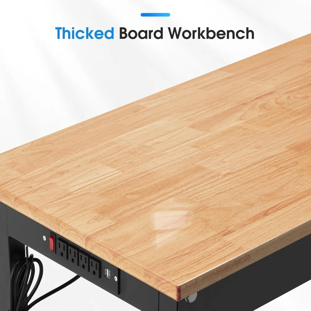 منضدة عمل قابلة للتعديل على عجلات، محطة عمل شديدة التحمل بقدرة 2000 رطل مع منافذ طاولة عمل من الخشب المطاطي للمرآب #4