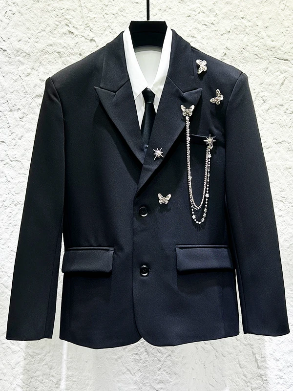 

New Metal Decoration Chain Suit Jaet Men's Casual Bla High-End Feelings Spring Faion Ci Youth Par Wear