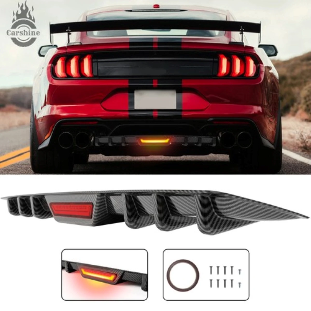 

Carbon Rear Bumper Diffuser w/LED Brake Stop Tail Light Spoiler For Ford Mustang