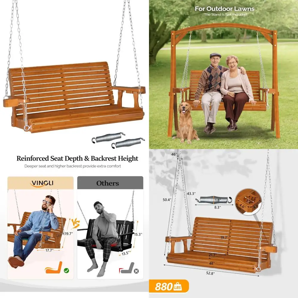 أرجوحة شرفة خشبية شديدة التحمل في الهواء الطلق مقاس XL مع حاملات أكواب، مقعد كرسي أرجوحة معلق بسعة 880 رطلاً