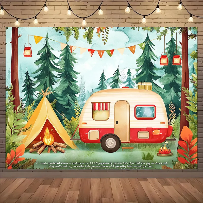 Boho Camping Wall Tapestry Woodland Forest Scene Retro Camper Van Outdoor Travel Decor Hanging for Nursery Bedroom Living Home