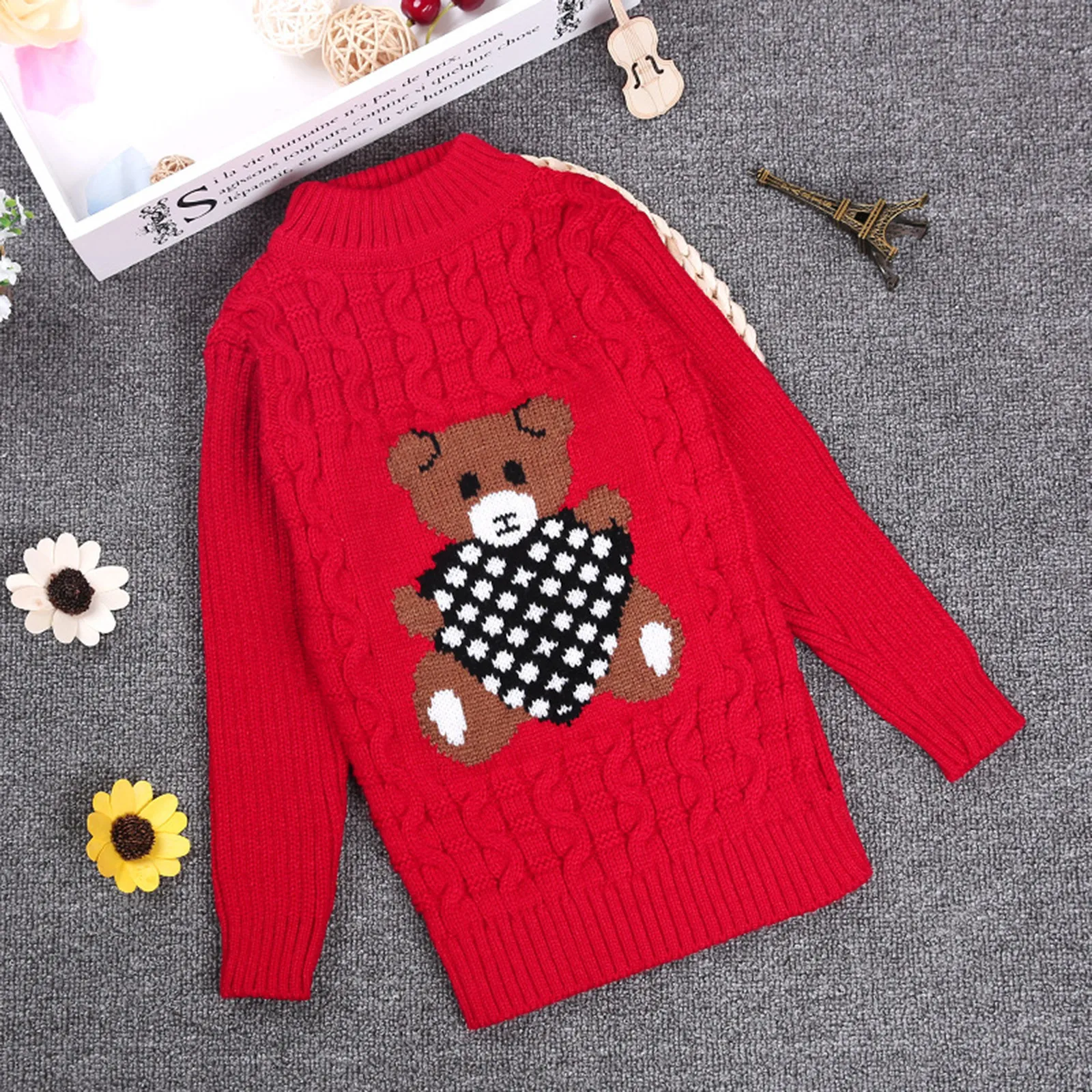 3-8 Years Warm Cute Winter Boys Girls Sweater Cartoon Bear Knitted Bottoming Turtleneck 2024 Children Birthday Present Sweaters