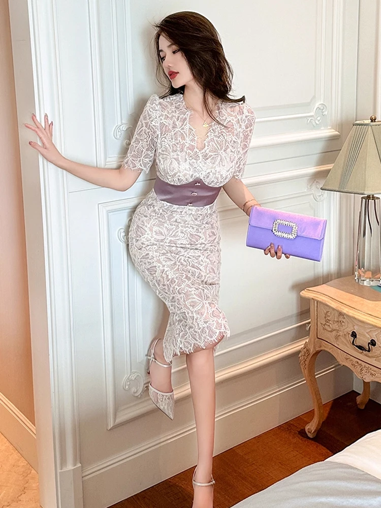 Neue Sommer Elegante Frauen Abendkleid Temperament Spitze Sheer Sexy V-ausschnitt Korsett Schlank Midi Party Club Prom Femme Mujer Vestidos