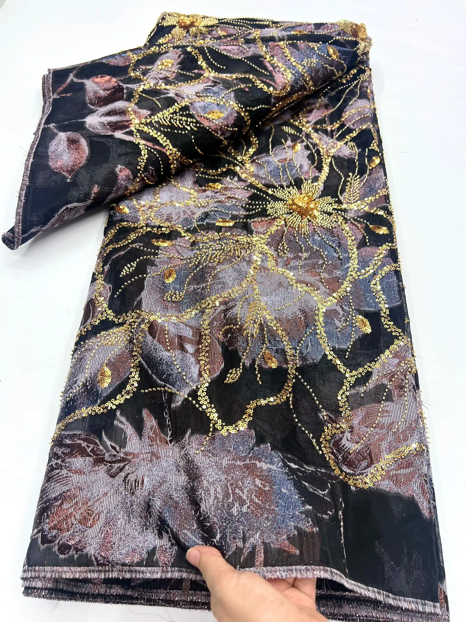 

Latest Pink Black African Jacquard Brocade Lace Fabric With Beads And Sequins 2025 Beaded Nigerian Damask Lace Material KHD25175