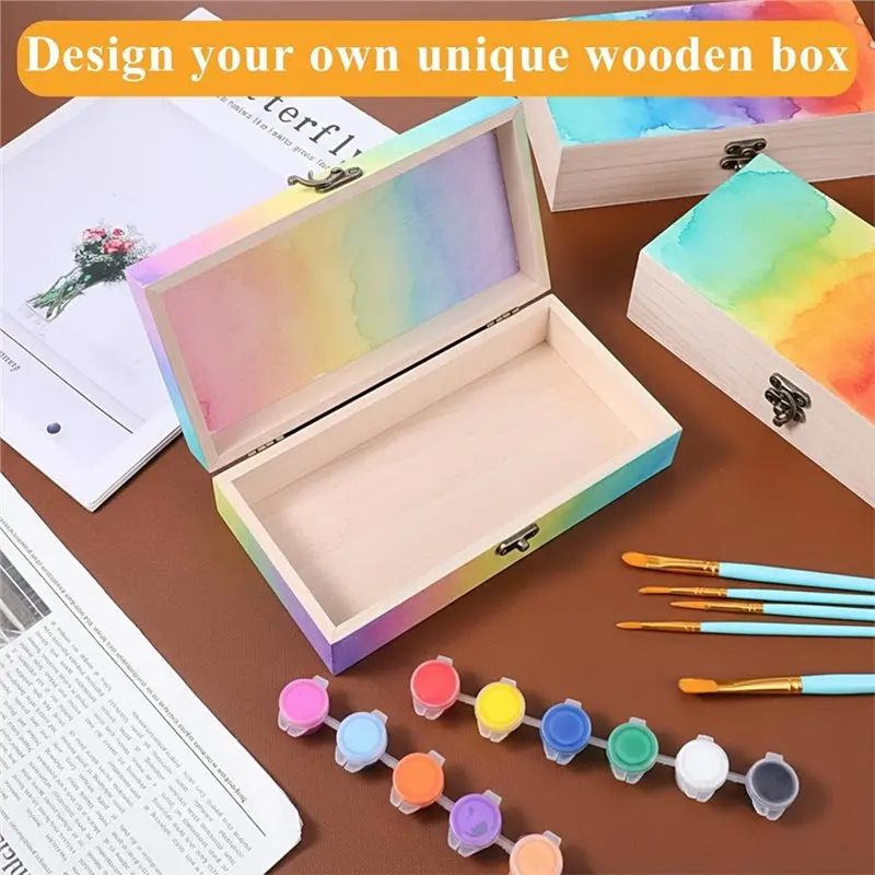 10PCS Unfinished Wooden Box For Crafts,With 10 Paint Brush 3 Stickers, For DIY Make Your Own Gift Keepsake Box, Jewelry