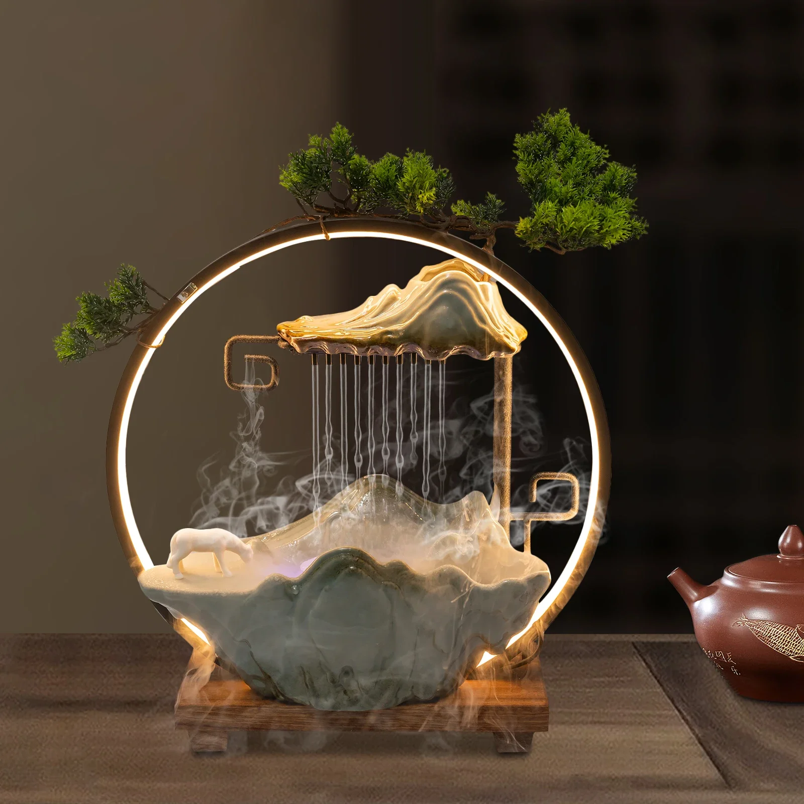 

Керамический конский водопадный фонтан со светодиодным туманом и искусственными растениями - распылитель с изменением цвета, декор фэн-шуй на удачу для домашнего офиса