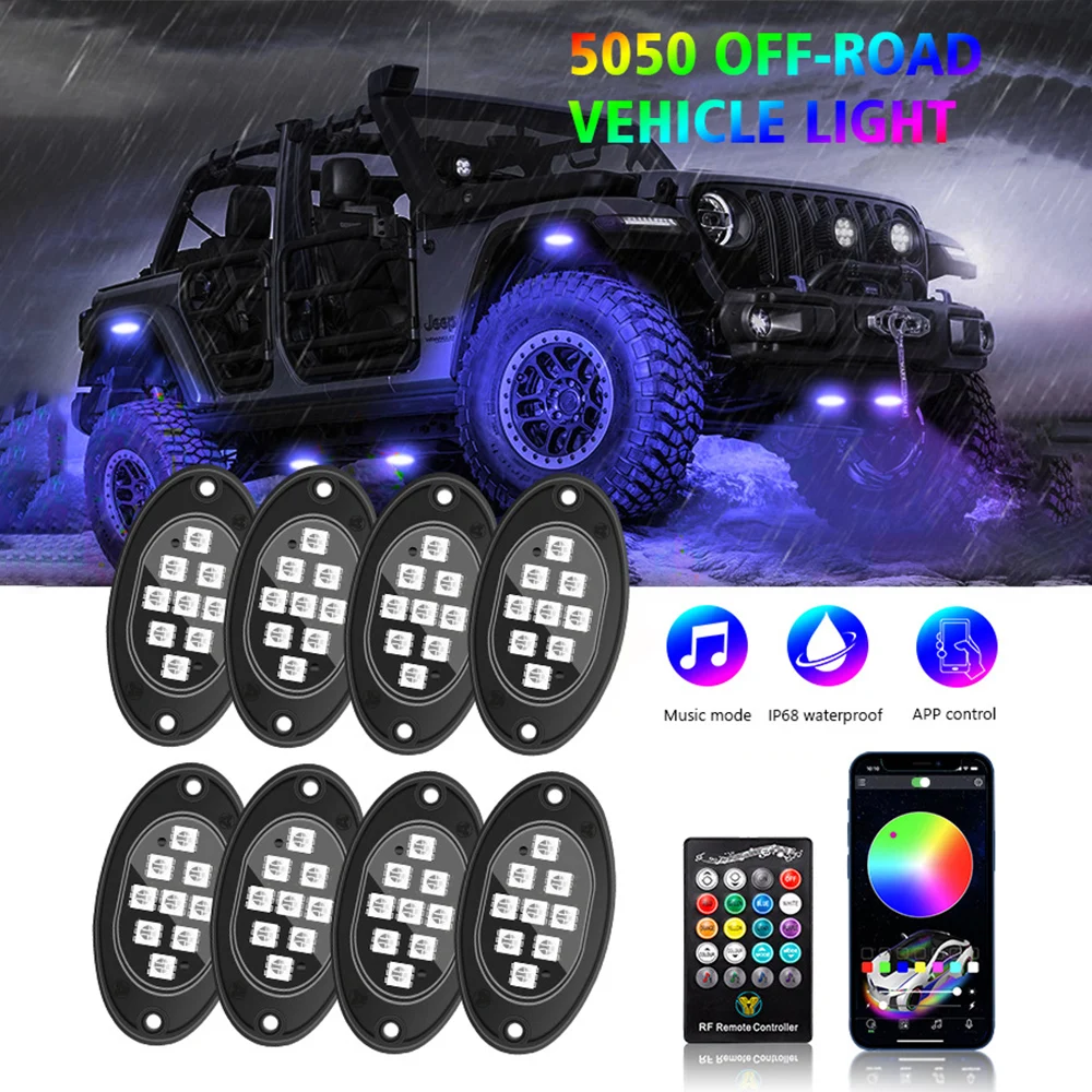 

4/6/8/10/12Pods RGB LED Rock Lights Kit Bluetooth APP Control Music Neon Car Underglow Lamp for Offroad Truck SUV 4x4 ATV Boat