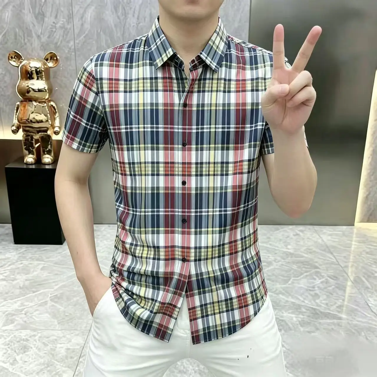 Plaid Print Casual Shirts For Men Short Sleeve Anti-Wrinkle Cool Summer Quality Polyester Elastane Slim Classy Camisas De Hombre