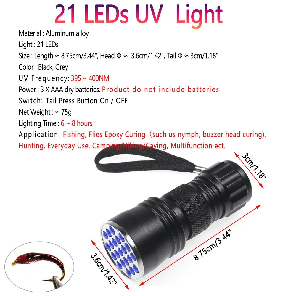 Bimoo 21 LEDs UV Light Fishing Fly Tying Tool 365nm~410nm Mutifuction UV Curing Lamp Torch Nymph Buzzer Head Epoxy Curing Tool