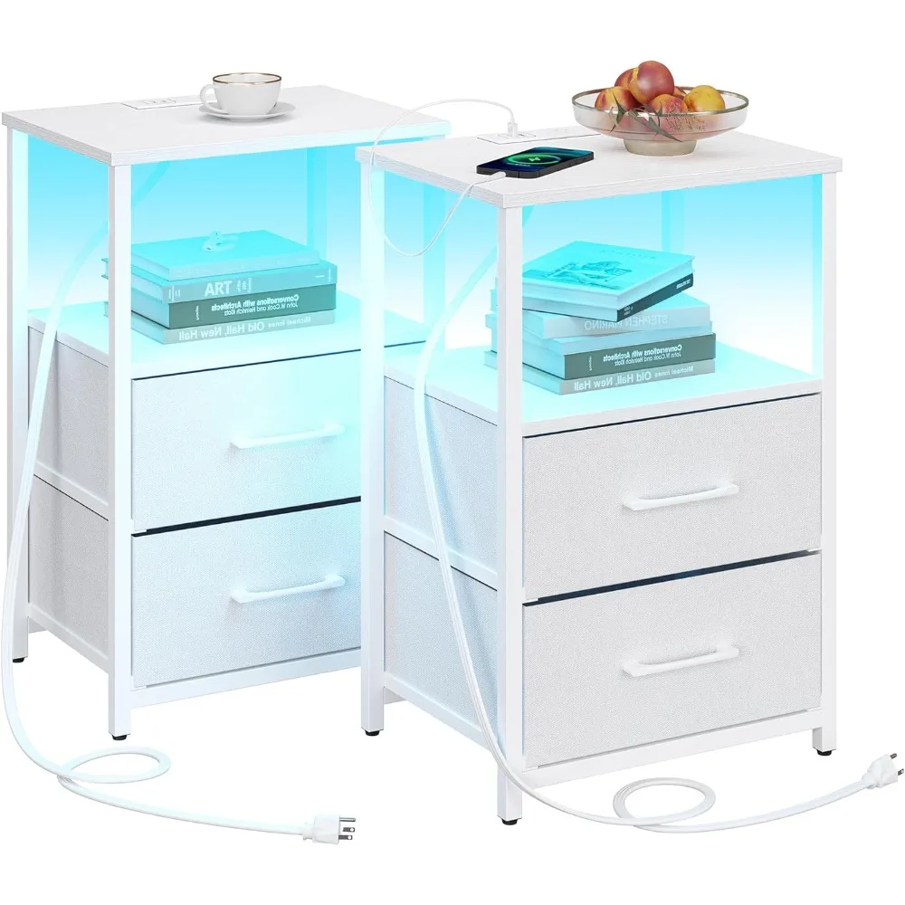 

Set of 2 LED End Table with Charging Station Nightstand with Cloth Drawer Side Table with 1 USB Port And 1 Type-C Port Couc