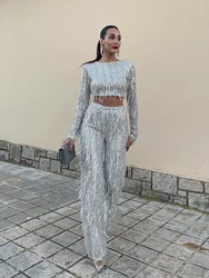 Sequin Party Sets Women Autumn Silver Loose O-neck Crop Tops Wide Leg Pants Female Suit Fashion Street Lady 2 Piece Set