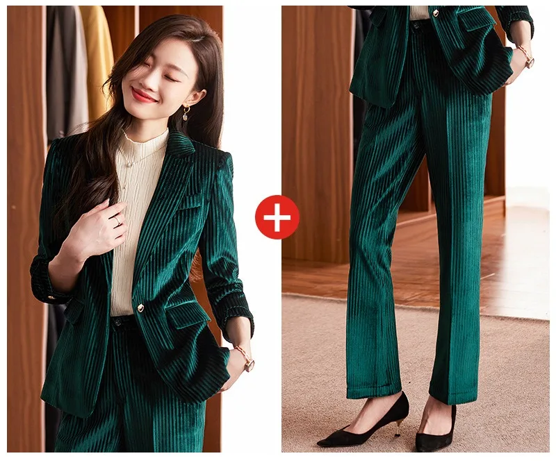 Women\'s 2 Piece Velvet Suit Office Work Suit Notch Lapel Double Breasted Blazer Pants Business Suit Set